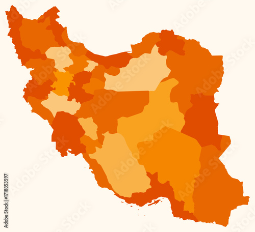 Map of Iran with regions. Just a simple country border map with region division. Orange color palette. Plain Islamic Republic of Iran shape with administrative division. Vector illustration.