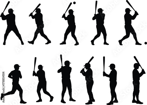 Silhouette collection of baseball players swinging bats in different poses, vector sports illustration, isolated black figures, athletic action graphic, baseball training design