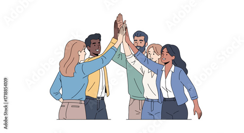 Diverse Team Celebrating Success with a High Five Illustration for Business Collaboration and Achievement Presentations and Teamwork Strategy Visuals
