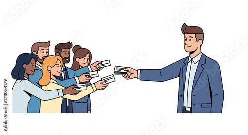 Diverse Team Receiving Financial Bonuses or Compensation from Manager, Ideal for Illustrating Corporate Benefits, Payroll, or Sales Incentives