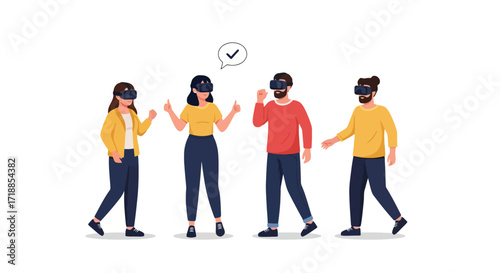 Group of People Experiencing Virtual Reality with Headsets for Collaborative Innovation and Team Building, Perfect for Metaverse and Technology Promotion