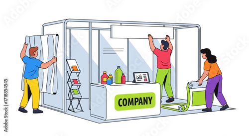 Trade Show Booth Setup Illustration Showcasing Event Preparation and Promotional Marketing, Ideal for Business Events, Corporate Presentations, and Trade Fair Promotions