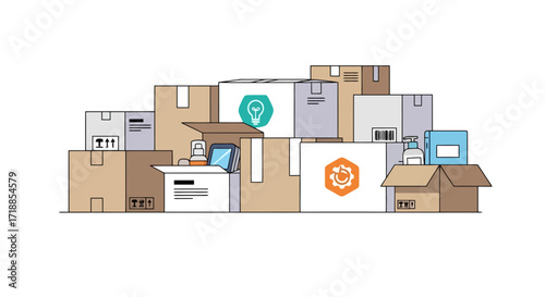Conceptual illustration of a large stack of cardboard boxes, suitable for illustrating logistics, moving, or e-commerce packaging needs, and supply chain management.
