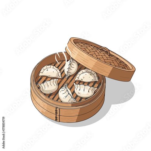 Steaming Dumplings in Bamboo Steamer Basket Depicting Asian Cuisine for Restaurant Menus and Culinary Illustrations, Suitable for Food Blogs and Recipe Guides.