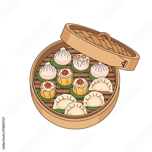 Steaming Dim Sum Delights in Bamboo Basket Illustration for Culinary Arts, Restaurant Menus, and Asian Food Promotion Projects.