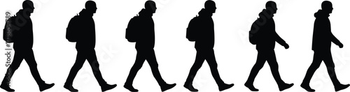 Silhouette sequence of six walking men wearing backpacks, traveler figure vector set, black and white pedestrian graphic illustration, isolated motion poses for design