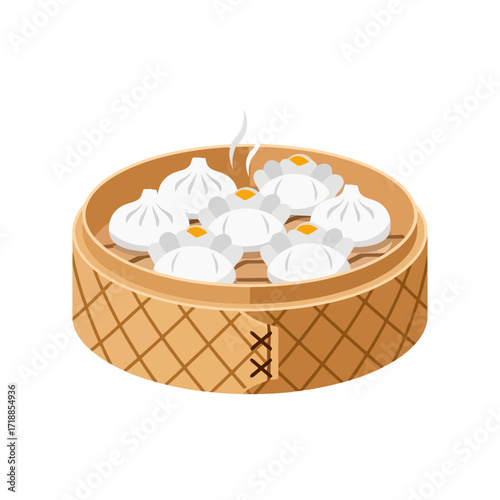Steaming dumplings in bamboo basket, a traditional Asian dish, ideal for menu design, culinary blogs, and illustrating authentic food experiences