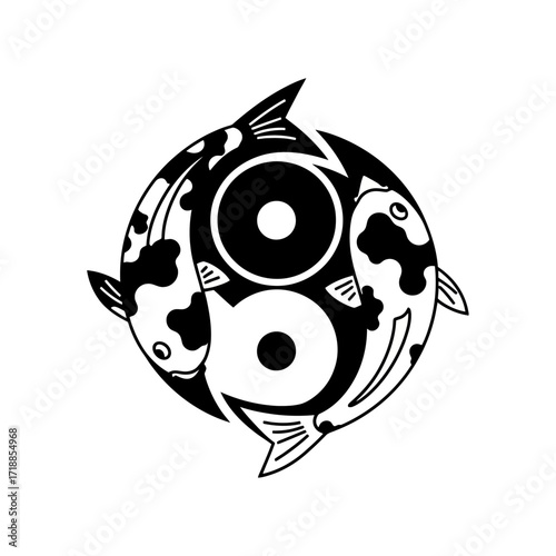 Elegant Yin Yang Symbol Featuring Koi Fish Silhouette, Ideal for Tattoo Design, Spiritual Art, or Asian-Inspired Decorative Elements.