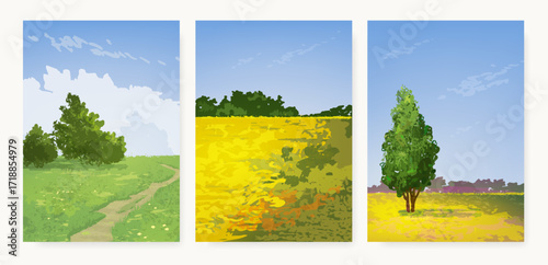 Hand drawn rural landscape vector background. Beautiful illustration of summer and autumn forest and field. Nature farm artistic backdrop. Countryside poster, banner, cover or card design template