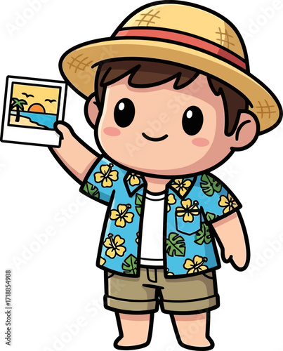 vacation memories cute boy shows his beach photo, isolated on transparent background
