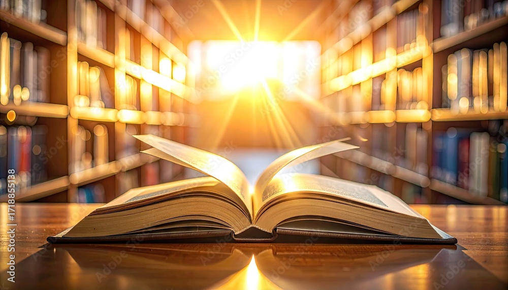 Fototapeta premium Open Book on Wooden Table with Blurred Bookshelves and Sunlight Streaming Through Window in Library