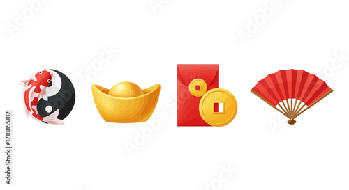 Symbolic Lunar New Year Icons Representing Prosperity and Cultural Heritage. Suitable for festive greetings, marketing, and cultural presentations.