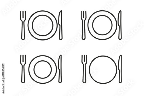 Place setting line icon collection. Minimalist tableware pictograms with plate, fork, knife. Vector outline symbols for restaurant menu, dining, food blog, web and app design.