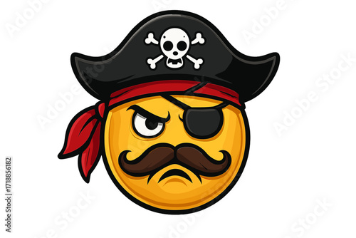 Vector illustration of a grumpy pirate emoticon. Angry smiley face character with mustache, eyepatch, and hat with skull and crossbones. Isolated cartoon mascot icon.