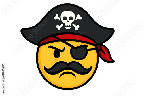 Pirate emoticon vector. Angry pirate smiley face icon. Cartoon character in costume with hat, skull and crossbones, eyepatch and mustache. Sea robber or buccaneer mascot.
