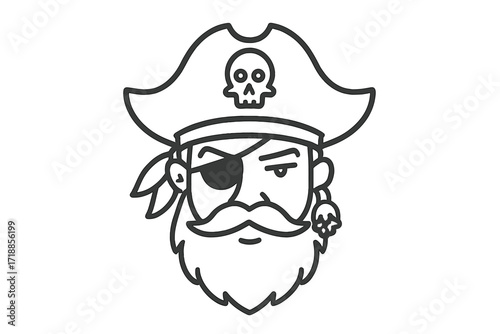 Pirate head logo vector icon. Captain mascot emblem in thin line art style. Buccaneer with beard, eyepatch and hat with skull. Corsair or sailor character symbol design.
