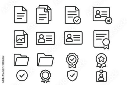 Documents line icon set. File, folder, data management symbols. ID card, badge for identification. Certificate, award, quality seal. Verification, approval, security concepts.