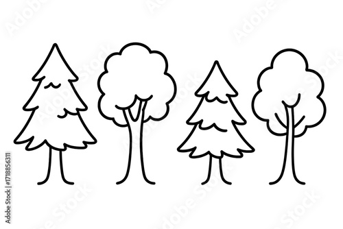 Hand drawn tree icon set. Simple doodle line art. Vector collection of forest symbols. Black outline sketch of pine, fir, deciduous trees. Minimalist nature graphic for logo.