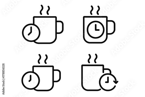 Coffee break line icon pack. Tea time outline signs for web design & apps. Morning coffee, deadline, time management concept. Hot drink, mug, clock vector pictograms set.