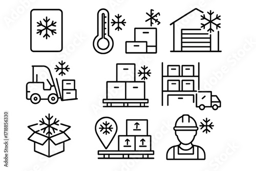 Freezer warehouse line icon set. Cold chain logistics, frozen food storage, and refrigerated transport symbols. Vector pictograms for delivery, shipping, and supply chain management.