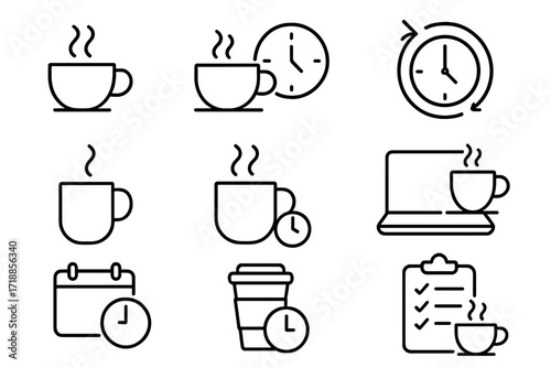 Coffee break line icon set. Office work time management symbols. Outline vector icons for cafe, morning routine, deadline, schedule. Tea cup, clock, laptop, checklist signs.