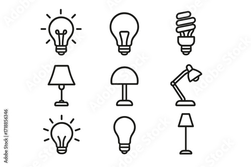 Light bulb and lamp line icon set. Electricity, energy, and idea concepts. Includes table lamps, desk lamps, and energy-saving bulbs. Vector icons with editable stroke for web.