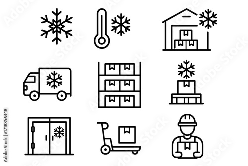 Freezer warehouse line icon set. Cold storage, refrigerated transport and logistics vector symbols. Frozen food delivery, low temperature, snowflake, worker, pallet icons.