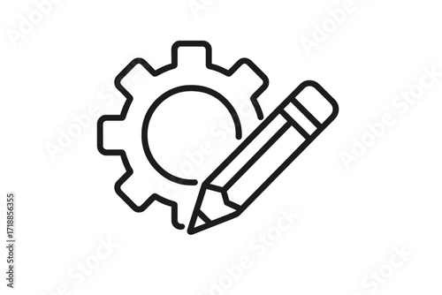 Pencil with gear line icon. Metaphor for development, design, and creative process. Concept for customization, configuration, settings, engineering, learning, and prototyping.