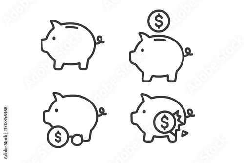Piggy bank icon set for finance and savings. Vector line art collection showing money deposit, investment, wealth accumulation, and a broken bank for financial crisis or bankruptcy.