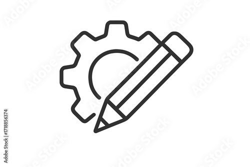 Pencil with gear line icon. Customization, settings, configuration, and edit symbol. Creative process, development, engineering, learning. Technical drawing and prototyping concept.