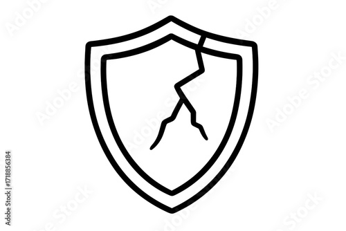 Broken shield icon symbolizing vulnerability, risk, and failed security. Cracked protection concept for data breach, cyber attack, or danger. Minimalist line art vector logo.
