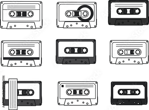 Vintage audio cassette tape collection in various styles, retro music vector set, black and white graphic illustration, isolated nostalgic recording media icons