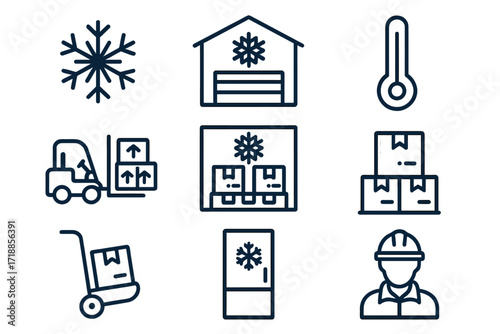 Freezer warehouse line icon set. Cold chain logistics and refrigerated supply chain symbols. Vector outline icons of frozen goods, storage, forklift, and transport for web.