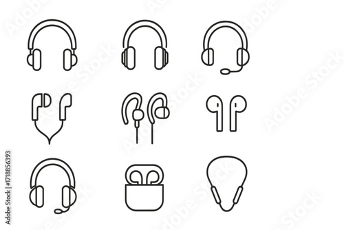 Headphones and earphones line icon set. Headset, earbuds, wireless device pictogram. Music, audio, sound gadget symbol. Editable stroke vector illustration for web, app design.