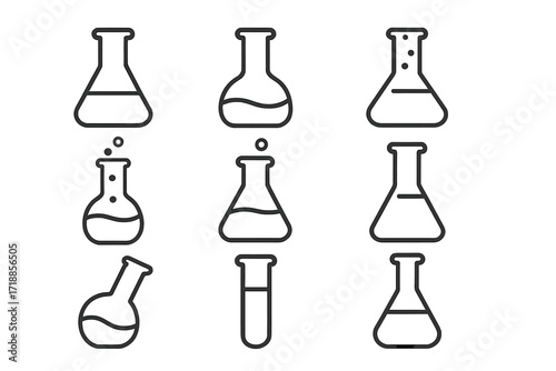 Laboratory flask & beaker line icon set. Chemistry science experiment outline signs. Vector research, biology, education symbols for web, apps. Scientific glassware illustration.