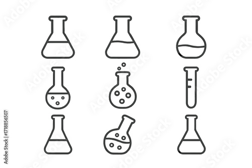 Laboratory flask & test tube line icon set. Chemistry glassware, beaker, science experiment, chemical reaction. Vector outline symbols for web design, education, research.