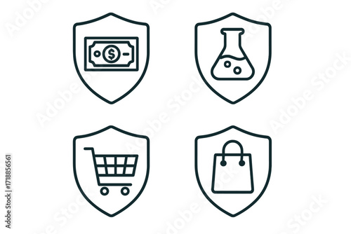Secure transaction icon set. Financial protection, consumer safety, and lab research concepts. Vector line icons with a shield for web, apps. Editable stroke illustration.