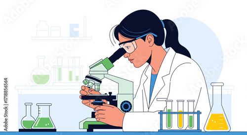 Scientist woman using a microscope in a laboratory, conducting research and analysis.