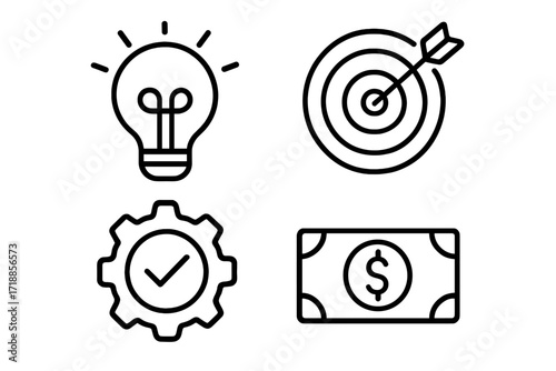 Business strategy and success icon set. Line icons for idea generation, goal setting, process implementation, and financial profit. Thin line vector symbols for marketing.
