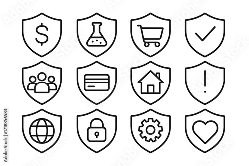 Shield icon set for security and protection concepts. Vector line icons for financial safety, secure shopping, data privacy, home insurance, and web protection. Editable stroke.