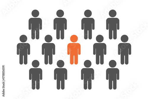 Standing out from the crowd concept. Be different. Metaphor for individuality, uniqueness, leadership. Special person icon. Business recruitment, hiring, talent search. Chosen one.