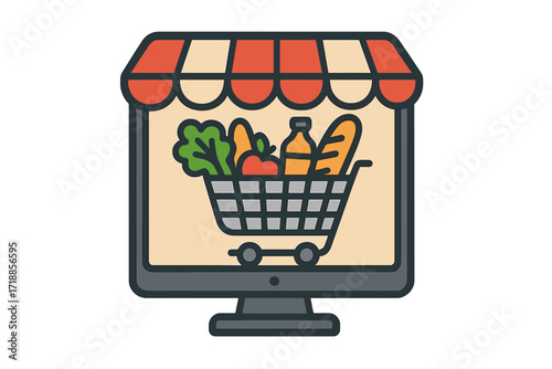 Online supermarket and grocery delivery concept. E-commerce food service icon. Computer screen shows a cart full of fresh food. Digital market and internet store symbol.