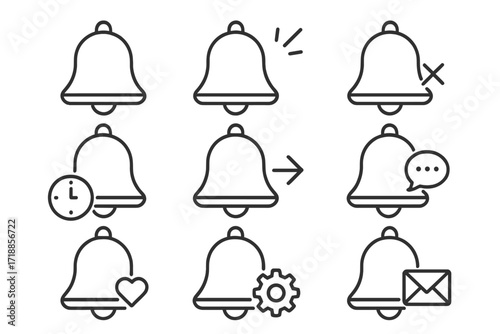 Notification bell line icon set. Subscribe, reminder, new message alert icons. UI UX elements for web, app design. Vector collection of simple outline symbols with editable stroke.