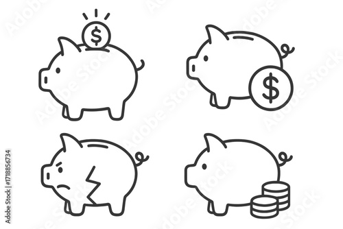 Piggy bank line icon set. Money saving financial concepts. Deposit, investment, wealth. Broken piggy for crisis or bankruptcy. Economy, budget infographic vector element.