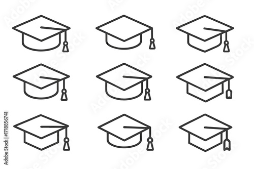 Graduation cap icon set. Mortarboard line icons for education, university, and college. Academic degree and student achievement symbol. Vector illustration for web and apps.