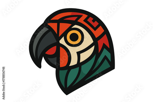 Stylized geometric parrot head illustration. Vector icon of a tropical bird. Abstract macaw logo design concept. Exotic wildlife art with a modern, tribal mosaic pattern.