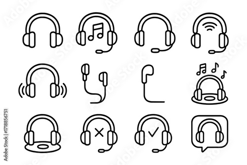 Headphones icon set. Headset, earbuds, audio device line icons. Music, call center, support, podcast symbols. Editable stroke vector for web, mobile app. Listen sound concept.