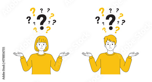 Confused Man and Woman with Question Marks Vector Illustration 