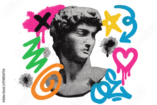 Contemporary art collage with antique Greek statue bust and colorful graffiti street art. Modern pop art print design. Halftone sculpture with trendy urban doodles and symbols.