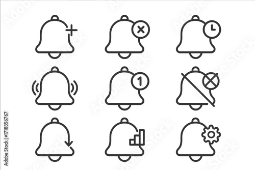 Notification bell icon set. Thin line art symbols for web and mobile app user interface. Includes new message, alert, reminder, mute, and settings icons. Vector illustration.